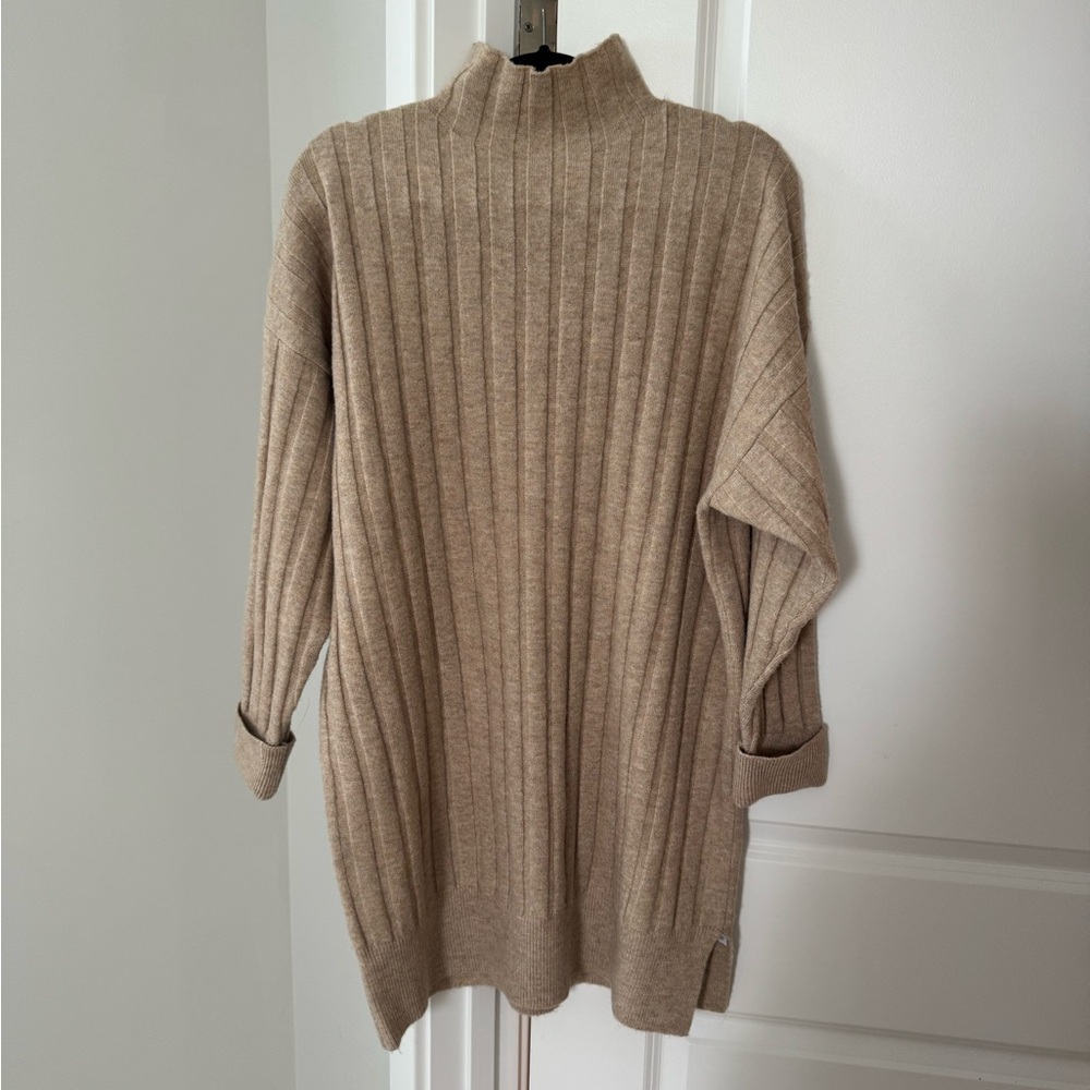 Topshop Beige Ribbed Mock Neck Sweater Dress